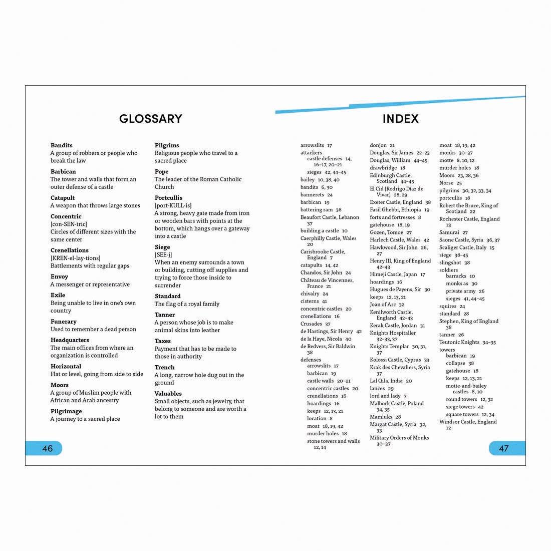 Glossary and Index pages from Knights And Castles DK Super Readers Level 4 Book