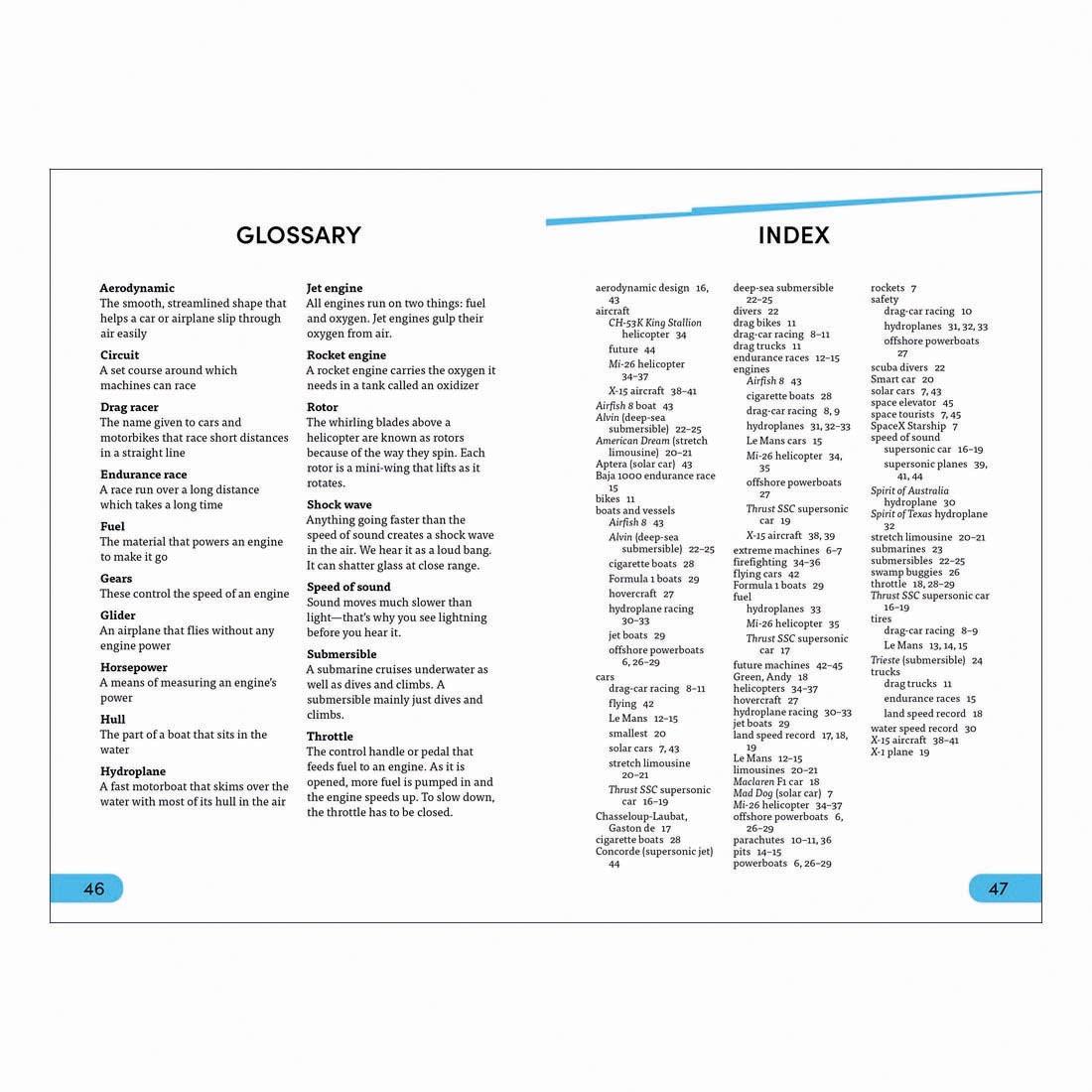 Glossary and Index pages from Extreme Machines DK Super Readers Level 4 Book