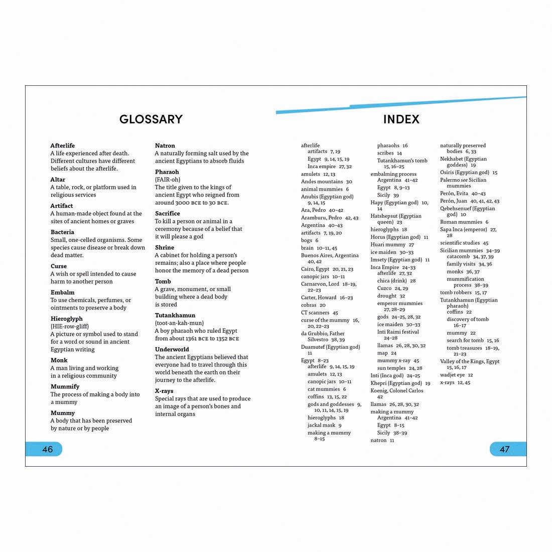 Glossary and Index pages from Secrets of Mummies DK Super Readers Level 4 Book
