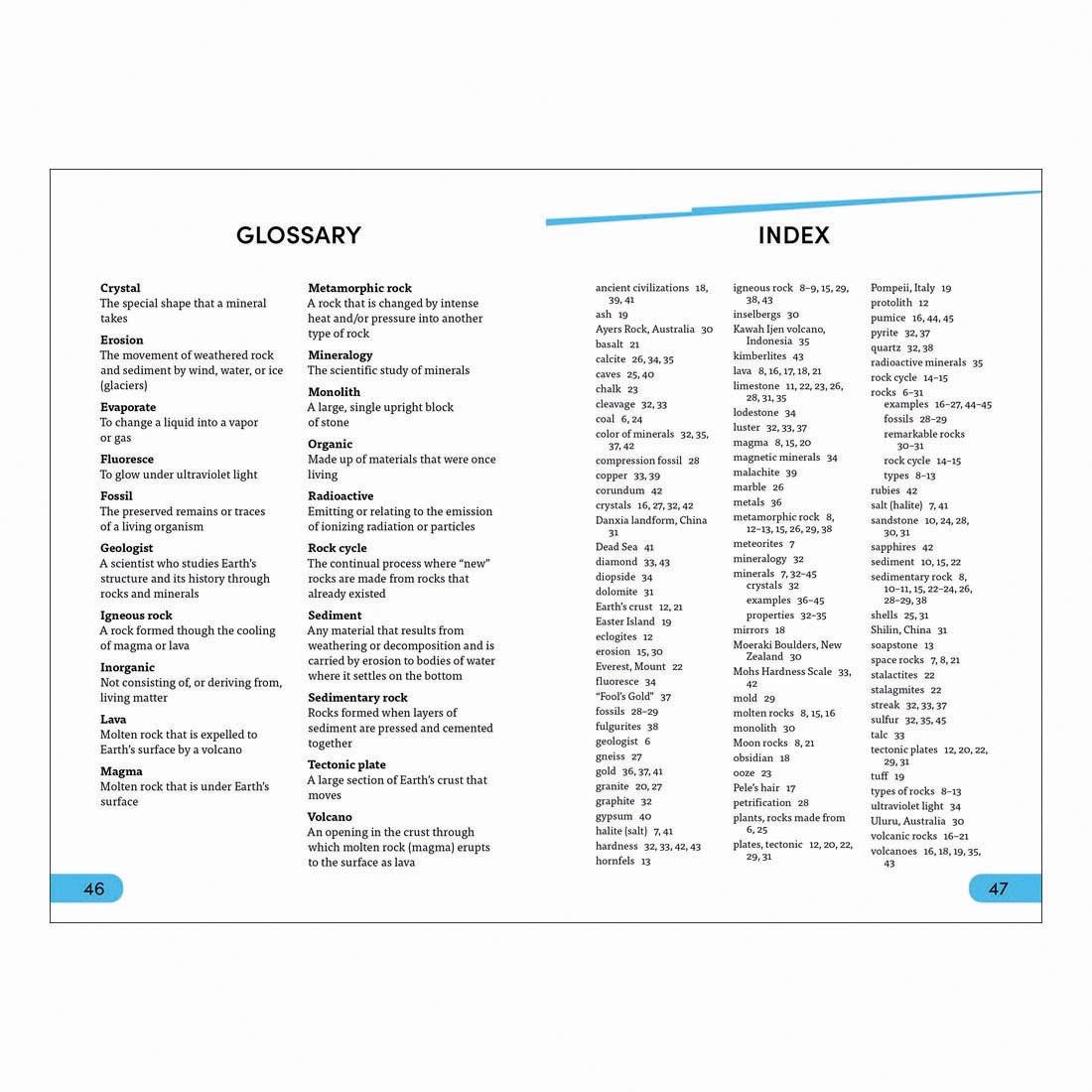 Glossary and Index pages from Rocks And Minerals DK Super Readers Level 4 Book