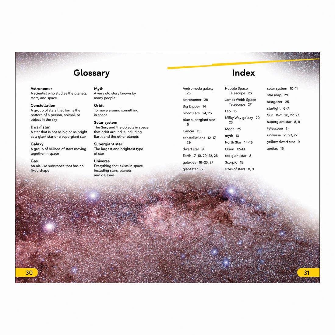 Glossary and Index pages from Stars And Galaxies DK Super Readers Level 2 Book
