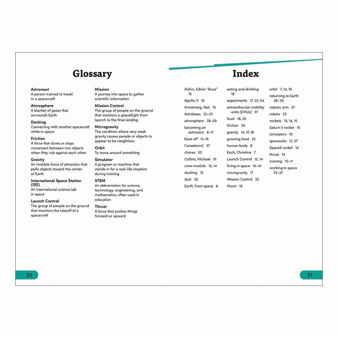 Glossary and Index pages from Astronauts In Space DK Super Readers Level 3 Book