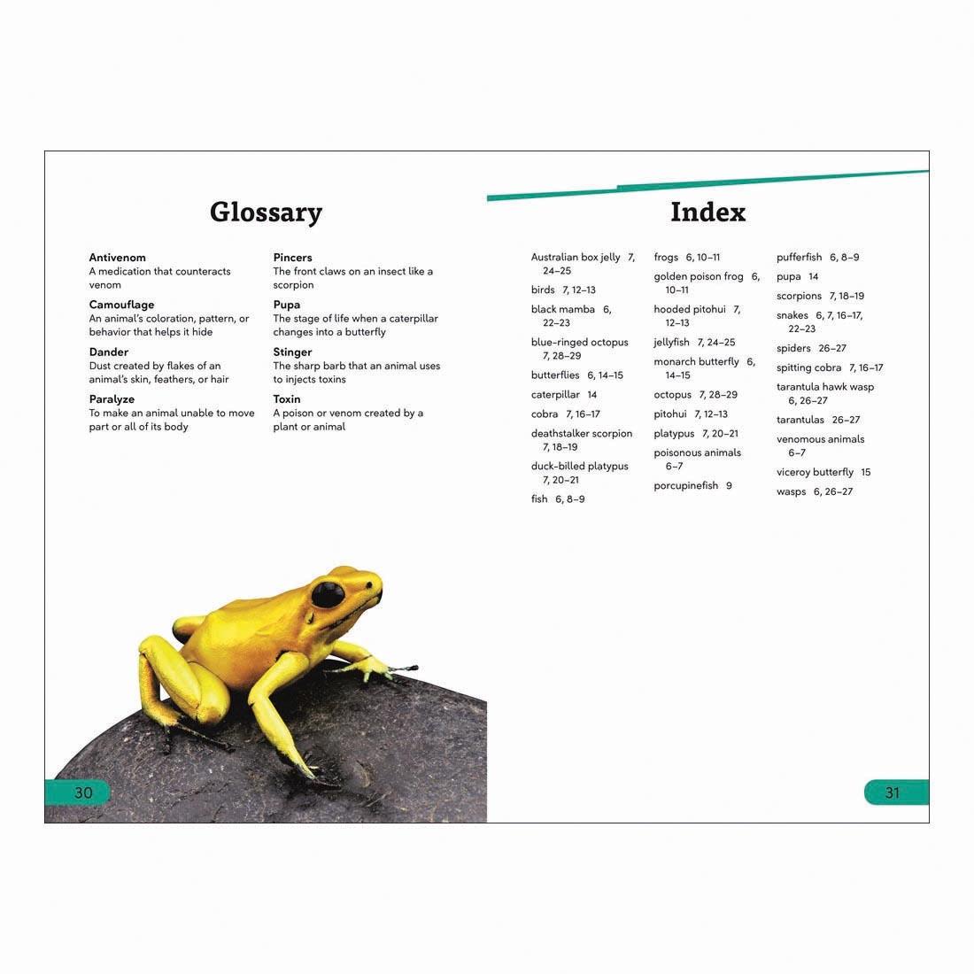 Glossary and Index pages from Poisonous And Venomous Animals DK Super Readers Level 3 Book