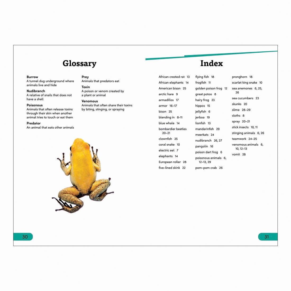 Glossary and Index pages from Animal Defenses DK Super Readers Level 3 Book
