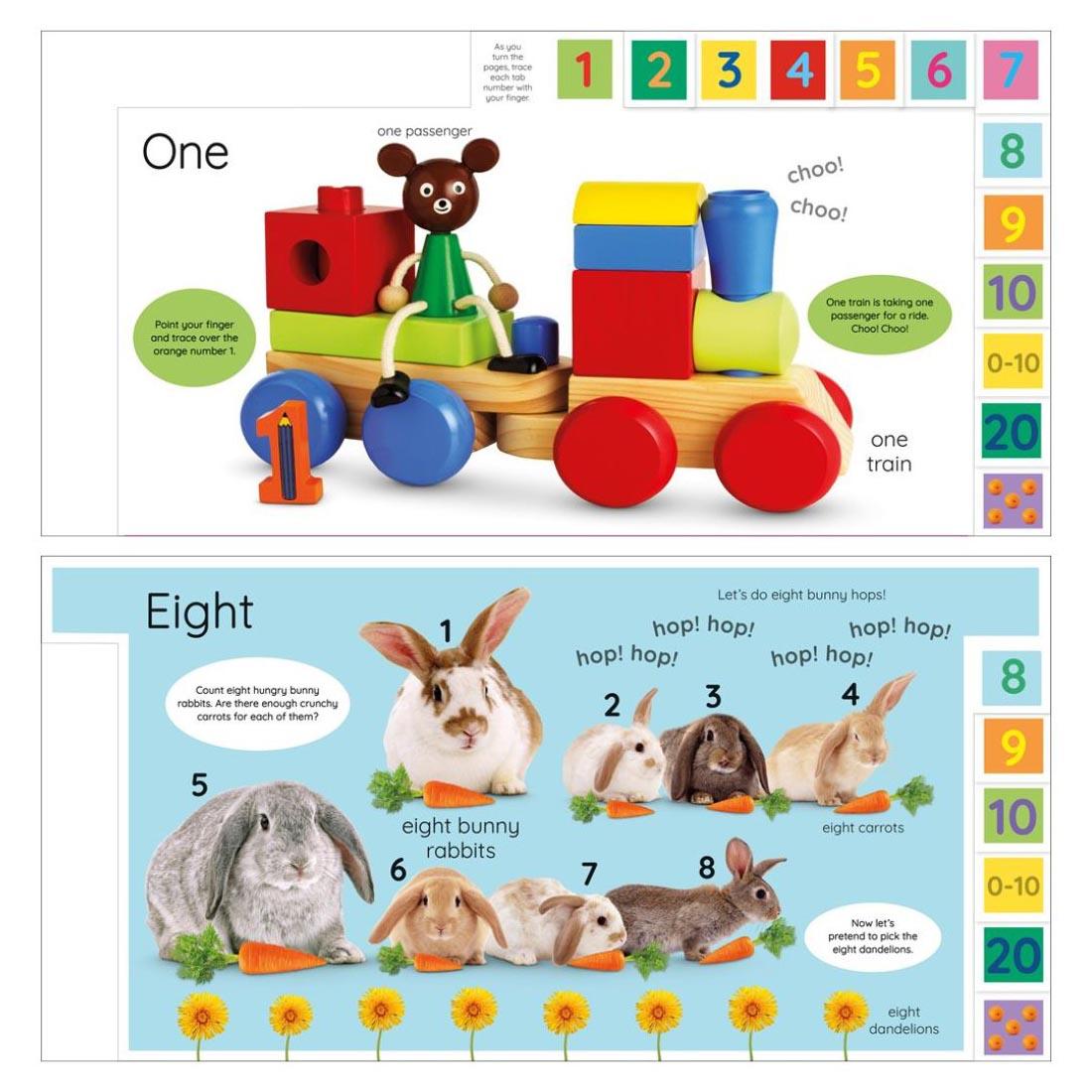 Sample pages from My First Numbers Board Book, showing One and Eight