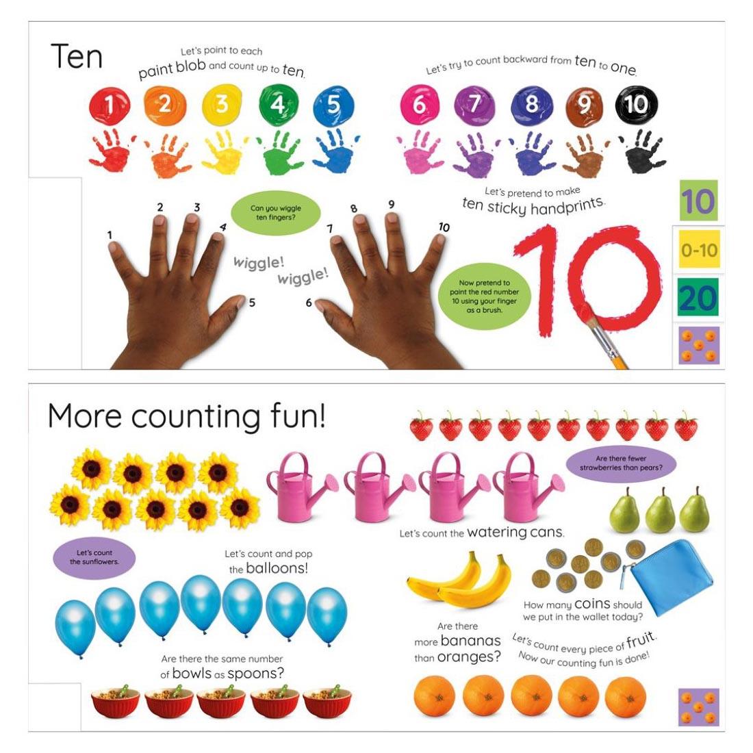 Sample pages from My First Numbers Board Book, showing Ten and More Counting Fun