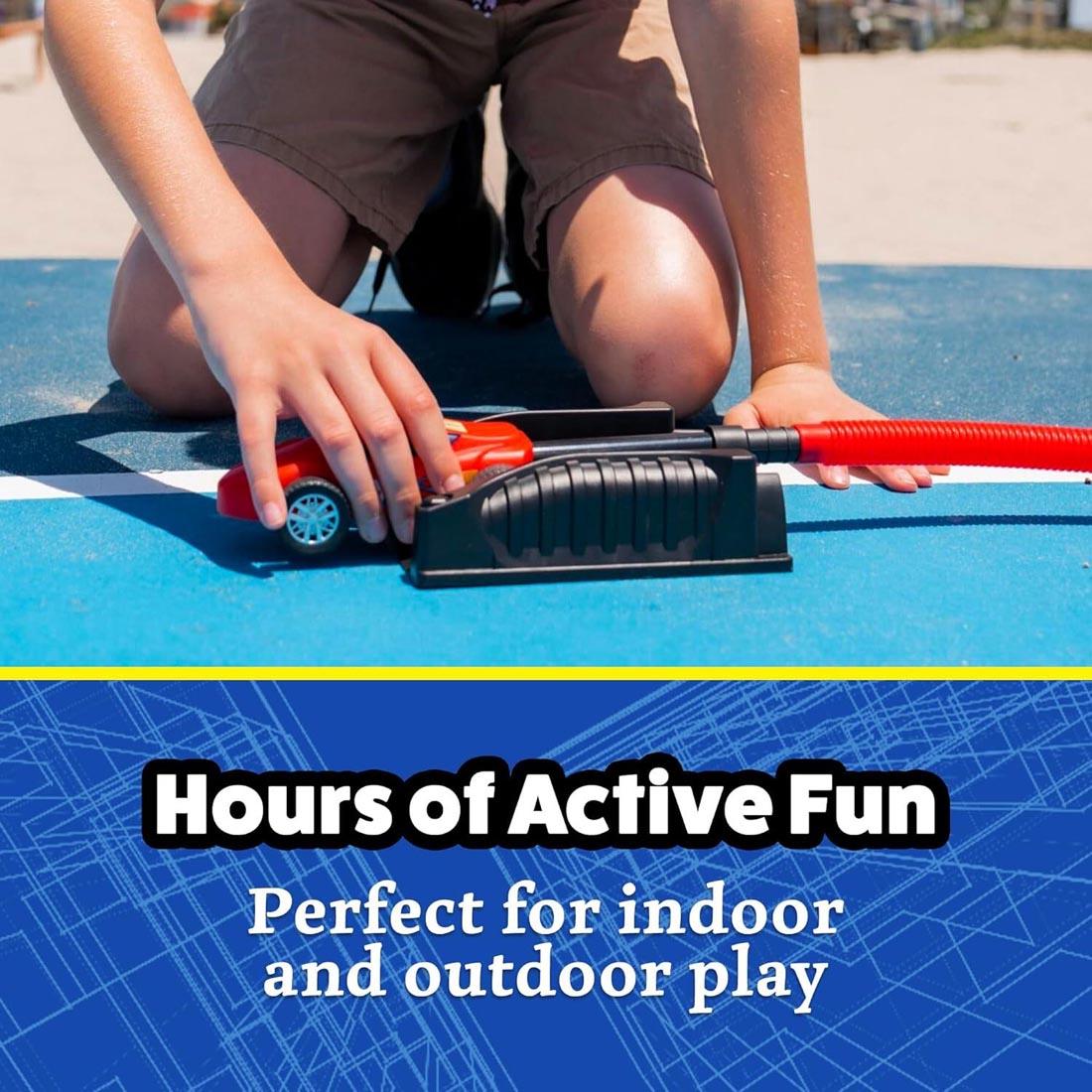 hand on a Stomp Rocket Dueling Stomp Racer plus text Hours of Active Fun; Perfect for indoor and outdoor play