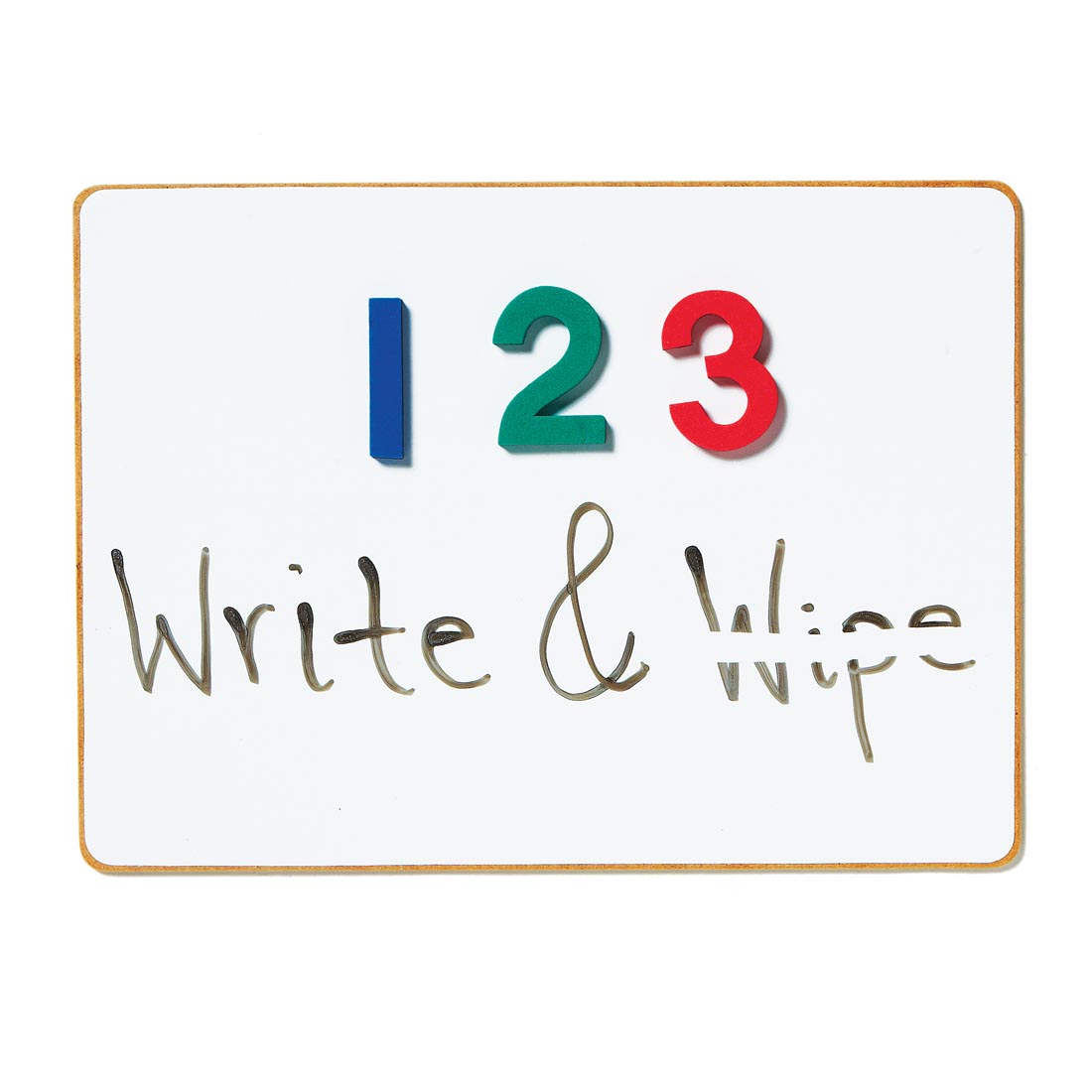 Double-Sided Magnetic Dry Erase Board By Dowling Magnets with the magnetic numbers 1, 2, & 3 plus Write & Wipe written in marker