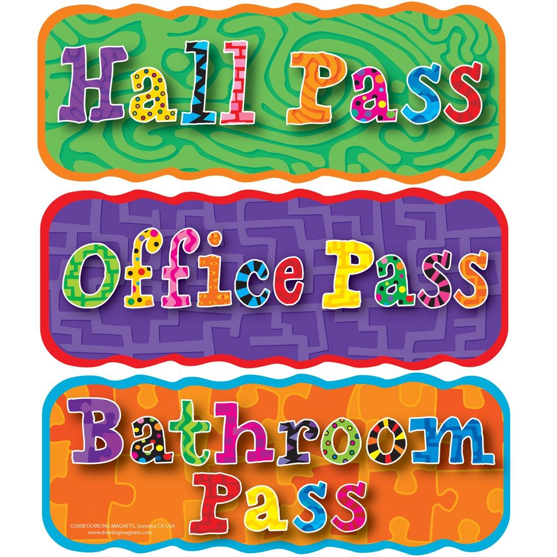 Magnetic Hall Passes by Dowling Magnets include Hall Pass, Office Pass and Bathroom Pass