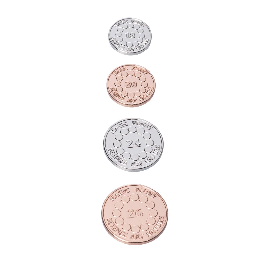 coins from the Magic Penny 25th Anniversary Edition Magnet Kit by Dowling Magnets
