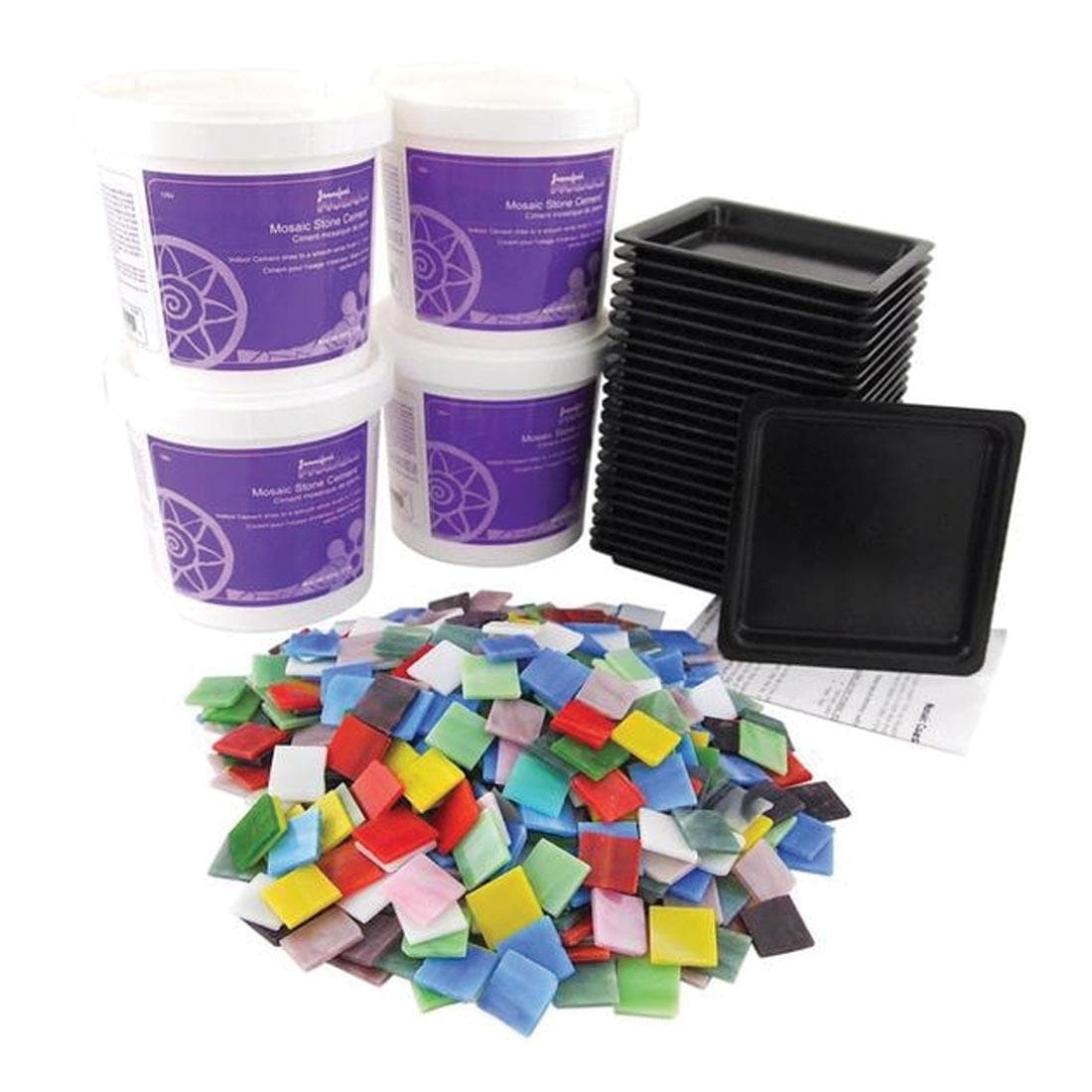 Assorted square mosaic tiles, 4 tubs of mosaic stone cement and square coaster molds