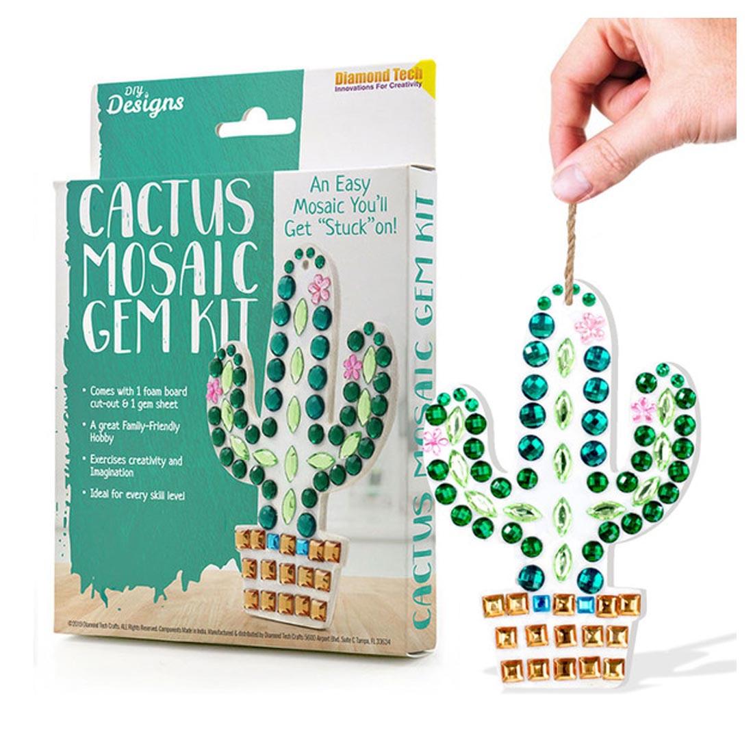 Cactus Mosaic Gem Kit Package Shown Beside a Completed Cactus hanging from a string