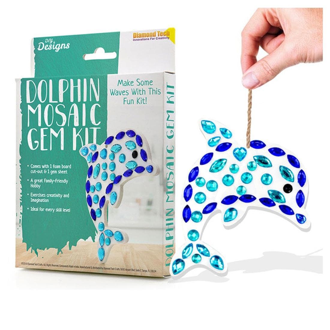 Dolphin Mosaic Gem Kit Package Shown Beside a Completed Dolphin hanging from a string