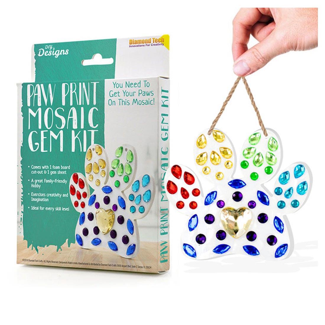 Paw Print Mosaic Gem Kit Package Shown Beside a Completed Paw Print hanging from a string