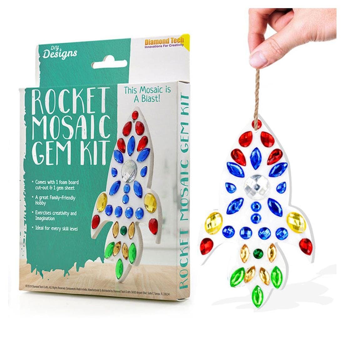 Rocket Ship Mosaic Gem Kit Package Shown Beside a Completed Rocket Ship hanging from a string