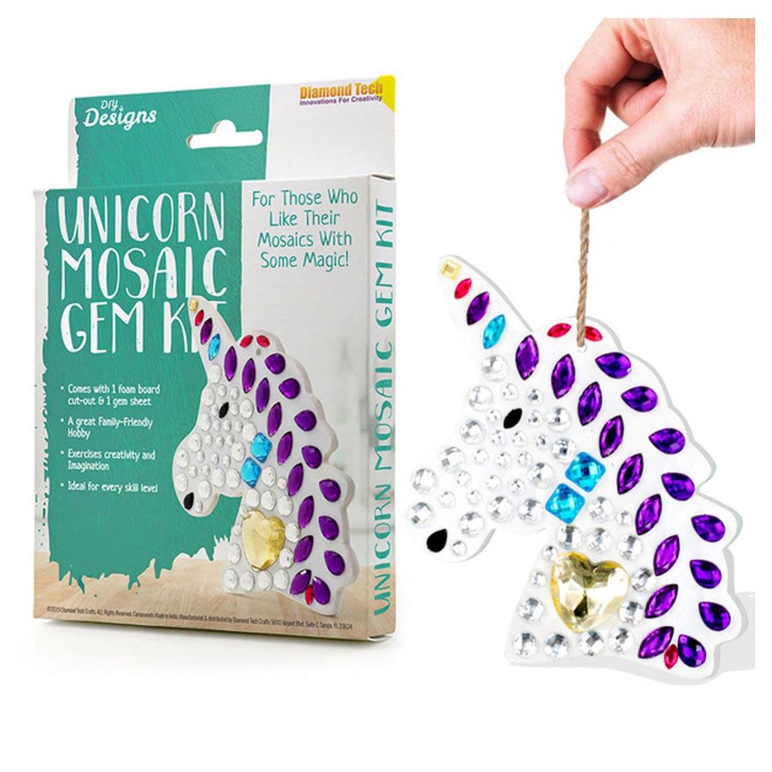 Unicorn Mosaic Gem Kit Package Shown Beside a Completed Unicorn hanging from a string