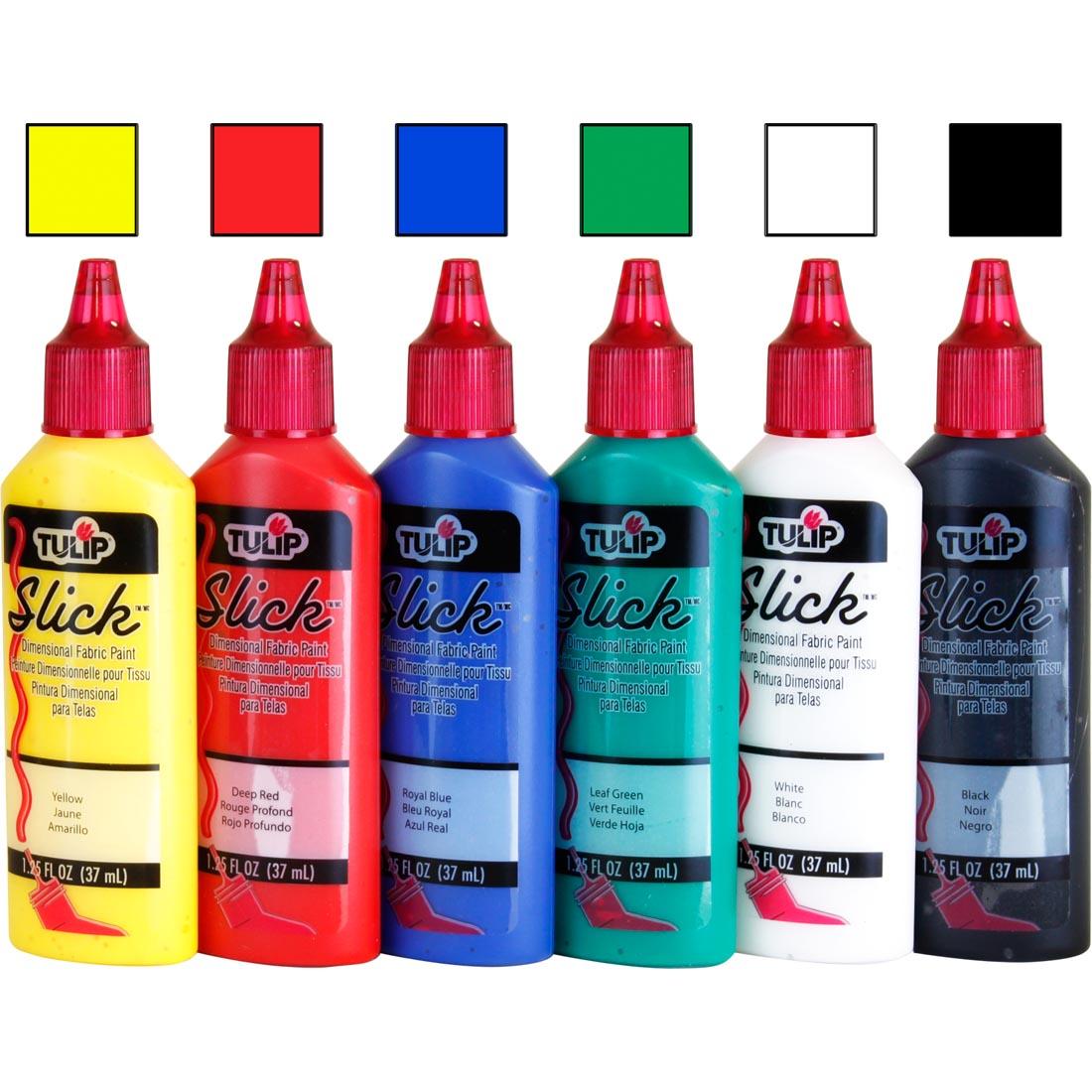Tulip Slick Dimensional Fabric Paint Bottles with Color Swatches Above