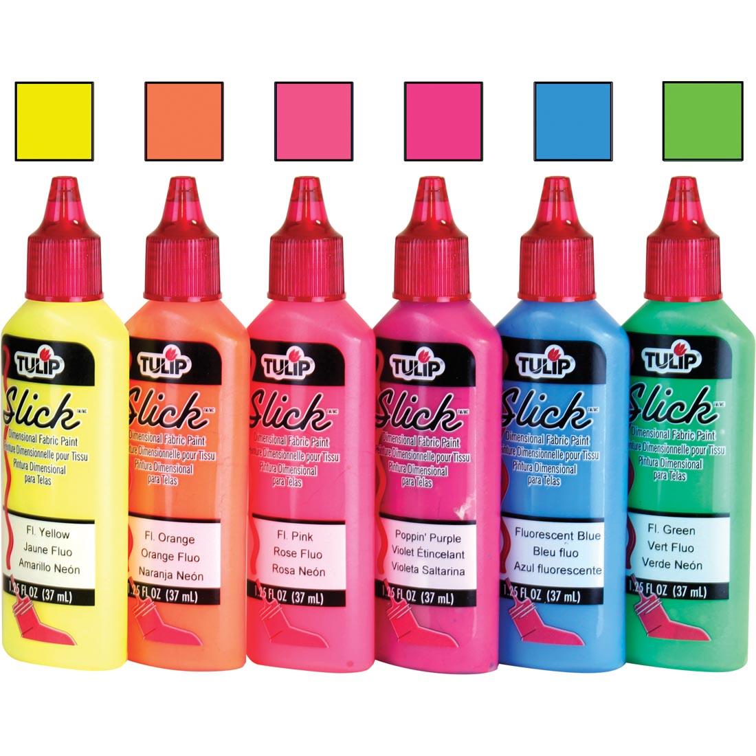 Tulip Slick Dimensional Neon Fabric Paint Bottles with Color Swatches Above
