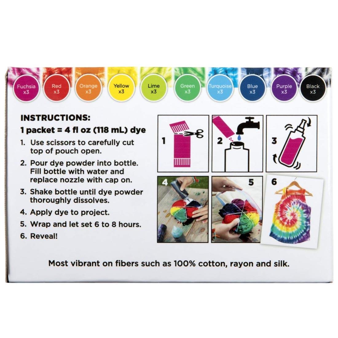 back of package for Tulip One-Step Tie-Dye Refills