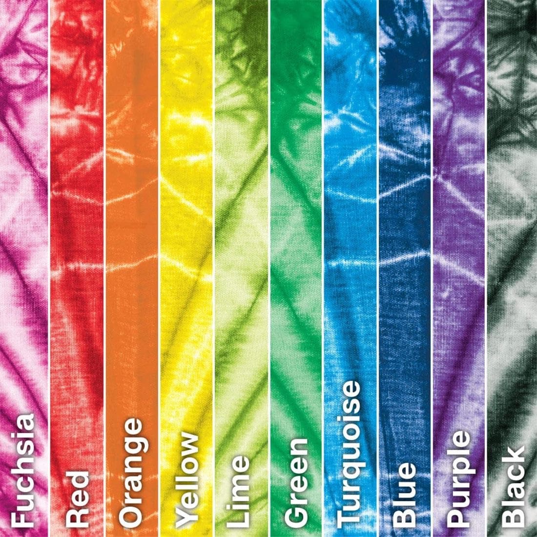 fabric swatches of 10 pieces dyed with Tulip One-Step Tie-Dye Refills; each labeled with their color