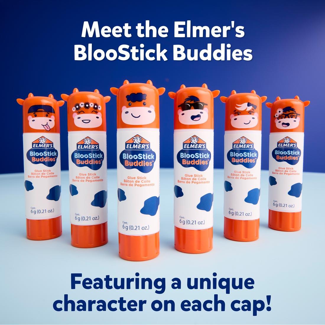 6 Elmer's BlooStick Buddies Washable Glue Sticks plus text Meet the Elmer's BlooStick Buddies Featuring a unique character on each cap!