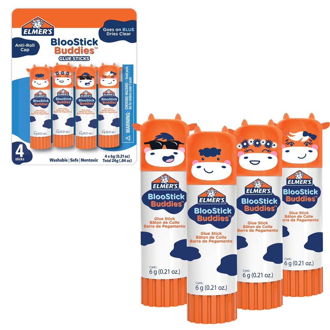 Elmer's BlooStick Buddies Washable Glue Sticks 4-Count Package plus 4 glue sticks