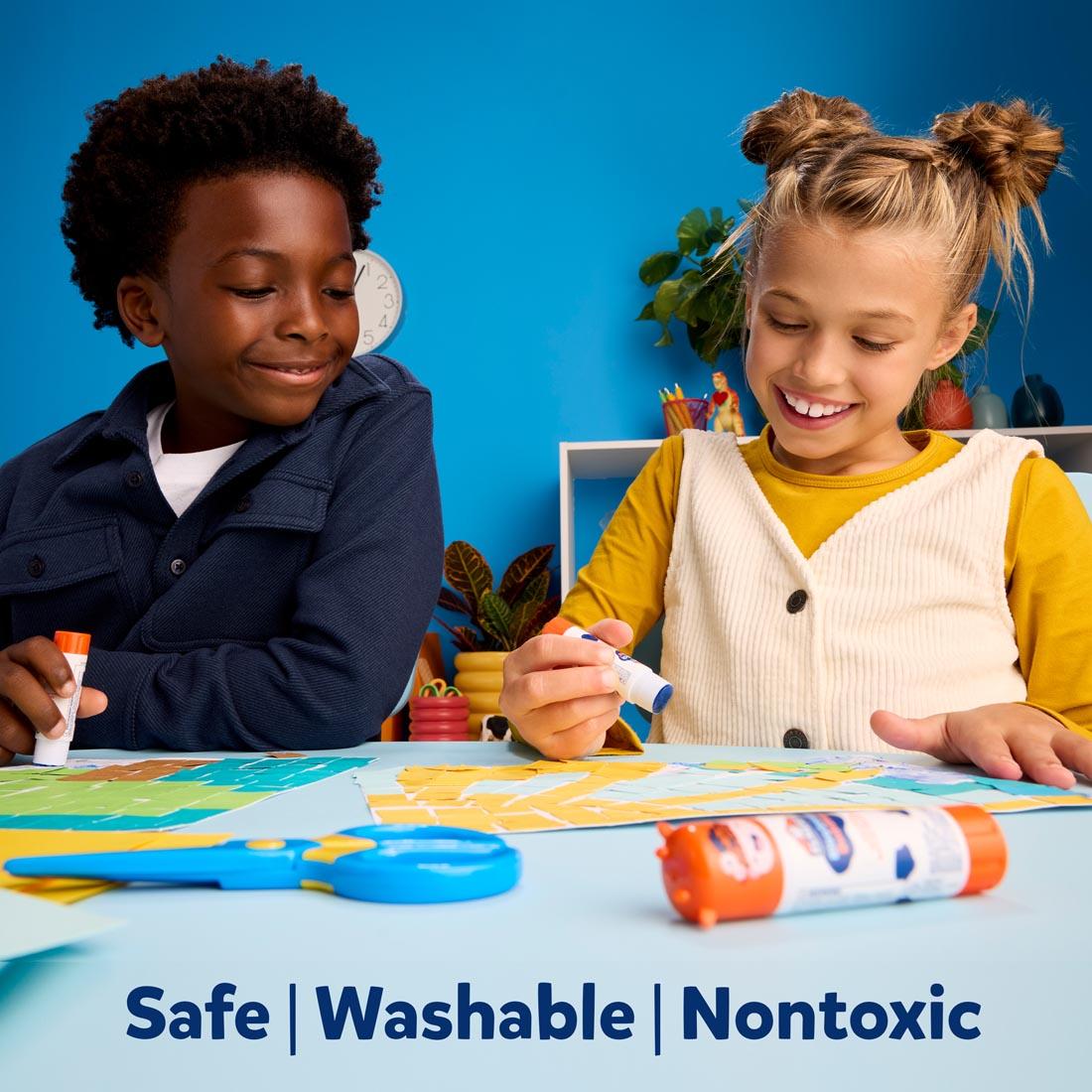 2 children using Elmer's BlooStick Buddies Washable Glue Sticks plus text Safe Washable Nontoxic