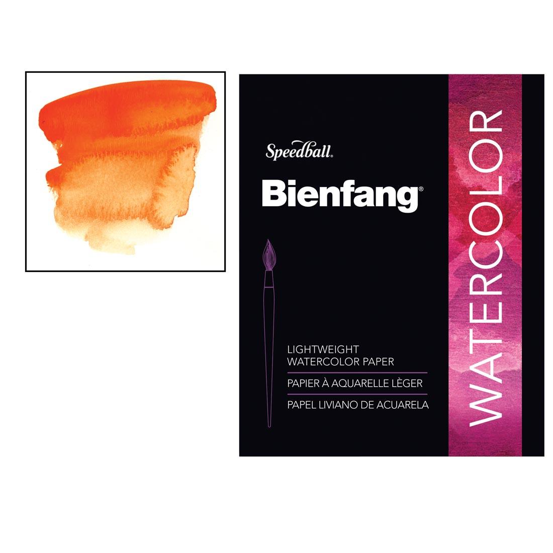 Speedball Bienfang Watercolor Paper Pack next to painted swatch sample