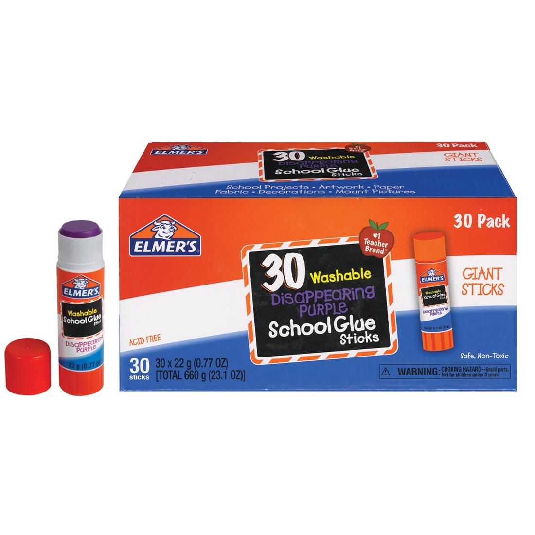 Elmer's Purple Washable School Glue Sticks 30-Count Package with one uncapped outside