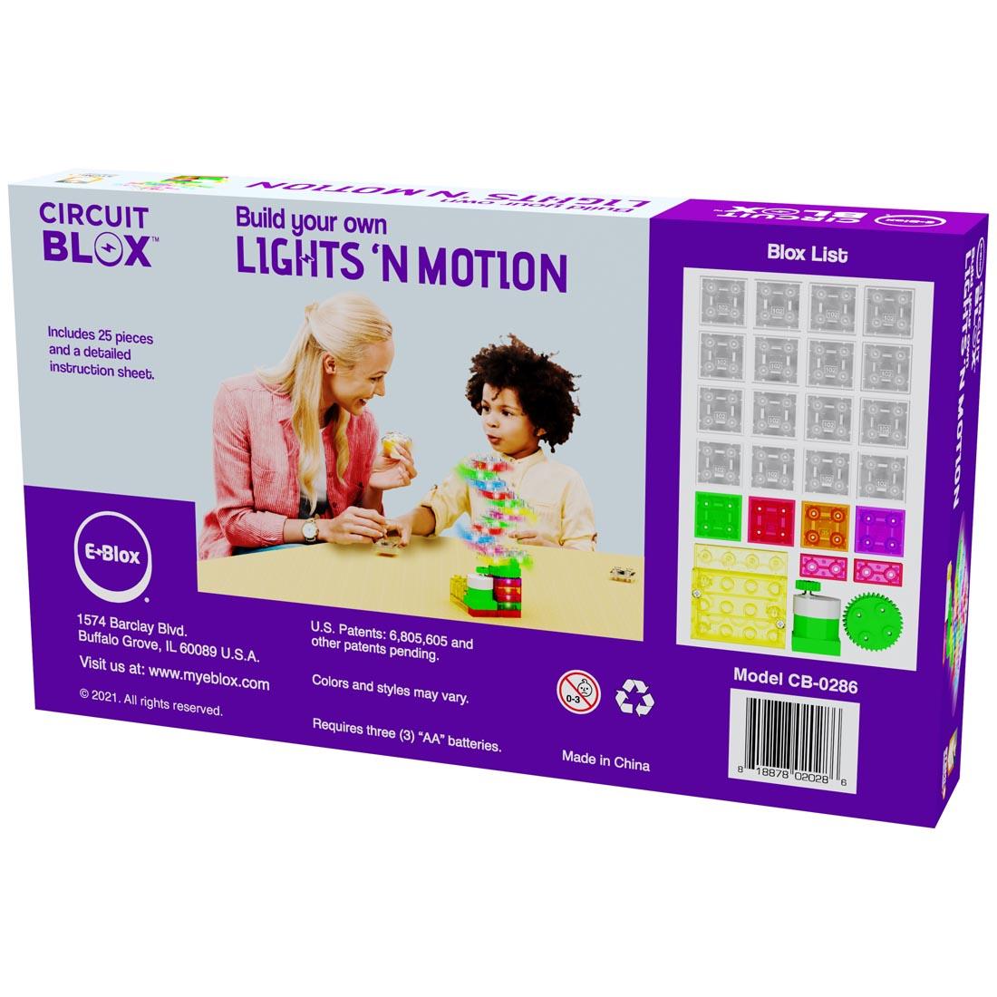 Back of package of E-Blox Circuit Blox Lights 'N Motion Set