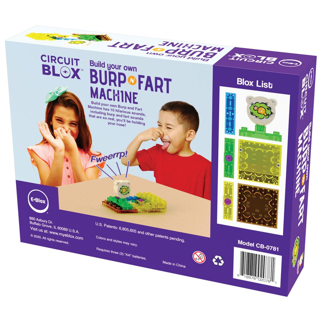 Back of Package of the E-Blox Circuit Blox Build Your Own Burp and Fart Machine