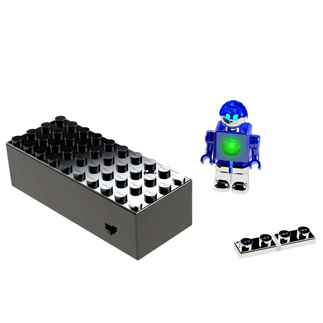 E-Blox Lumen Seymour Power Figure beside an E-Blox battery brick