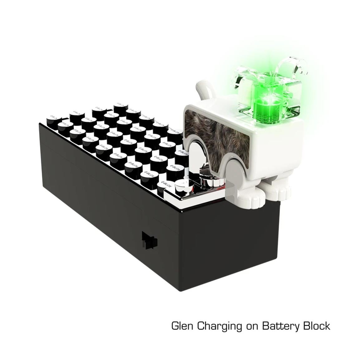 E-Blox Lumen Glen Dog Power Figure charging on battery block