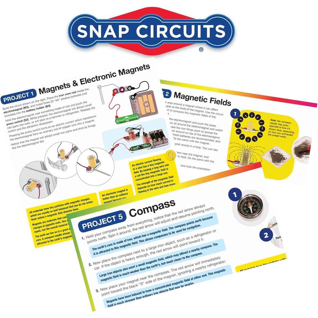Snap Circuits logo above some project pages from Snap Circuits Magnet Fun Lab