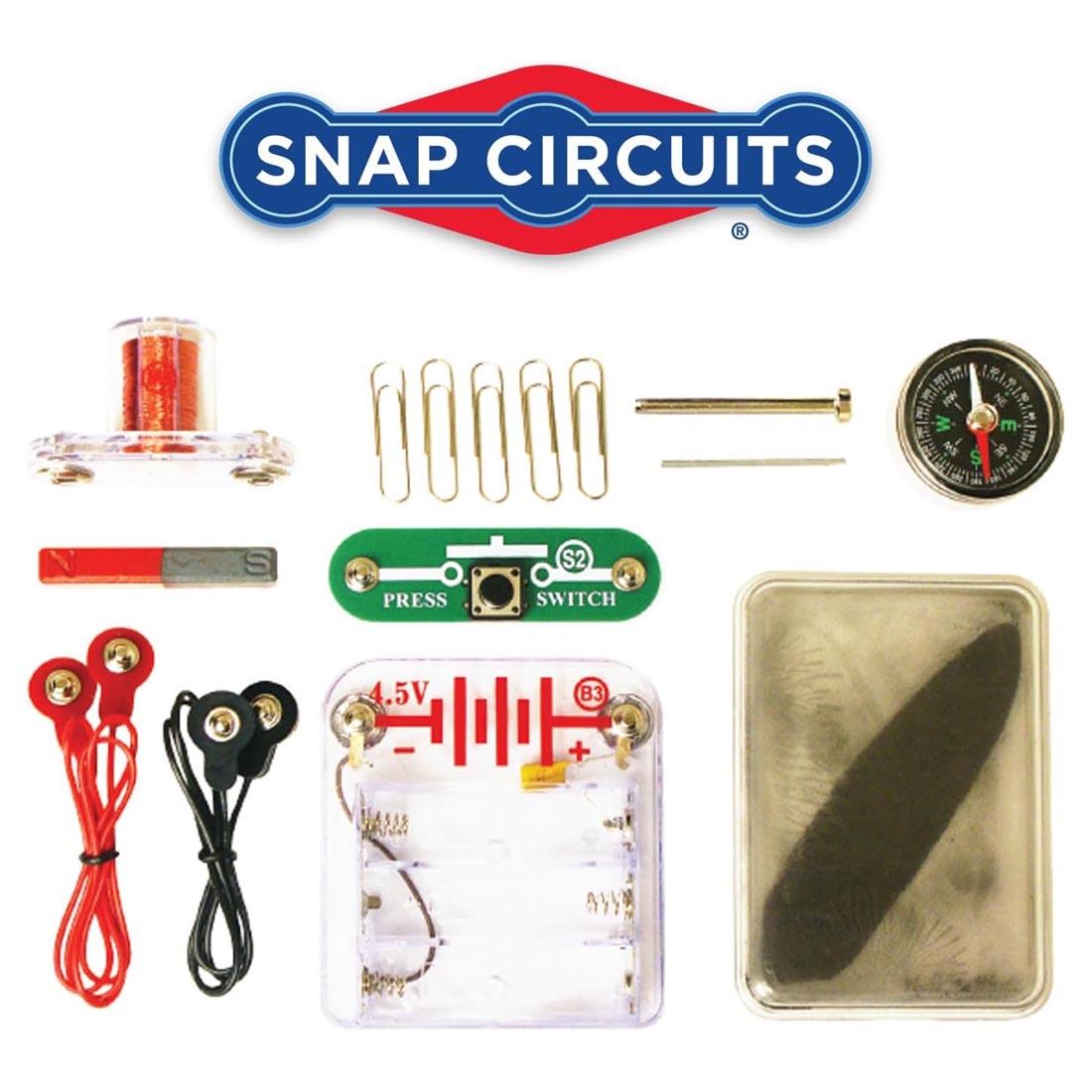 Snap Circuits logo above the components of the Snap Circuits Magnet Fun Lab