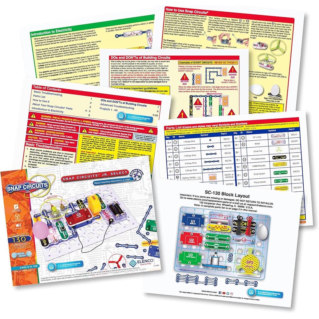 Snap Circuits Jr Select set, showing several pages of manual