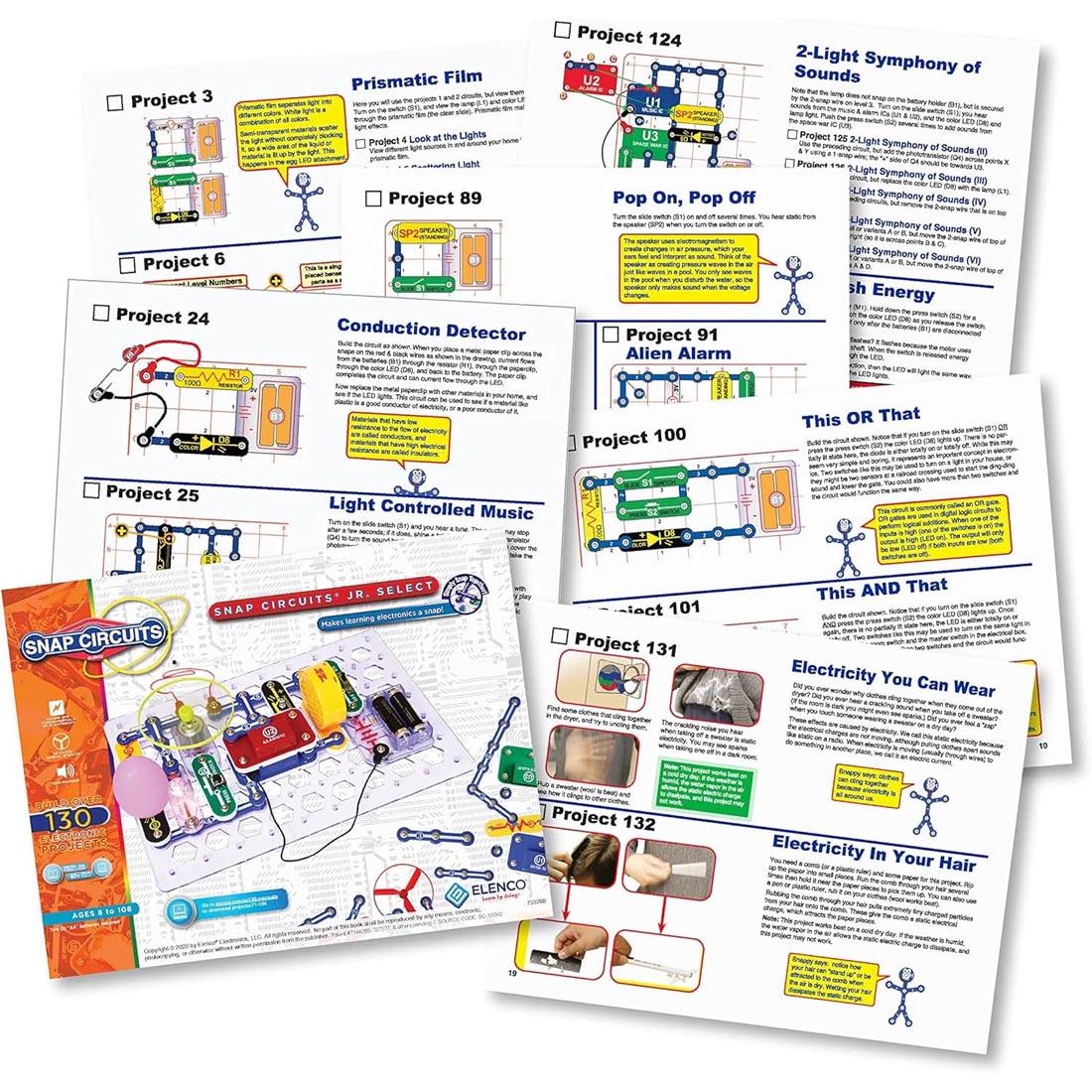 Snap Circuits Jr Select set, showing several pages of projects that can be built