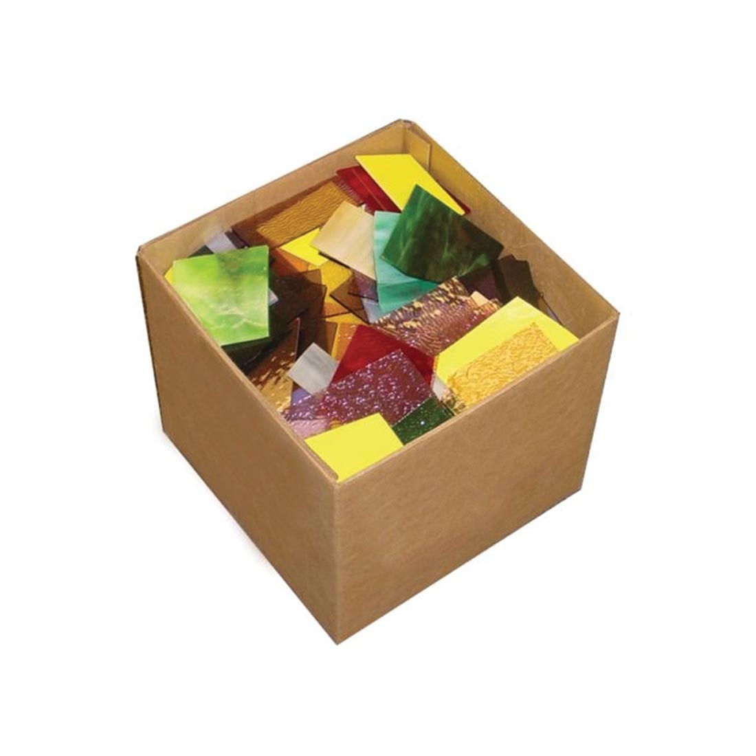 Open cardboard box, showing assorted pieces of mosaic scrap glass