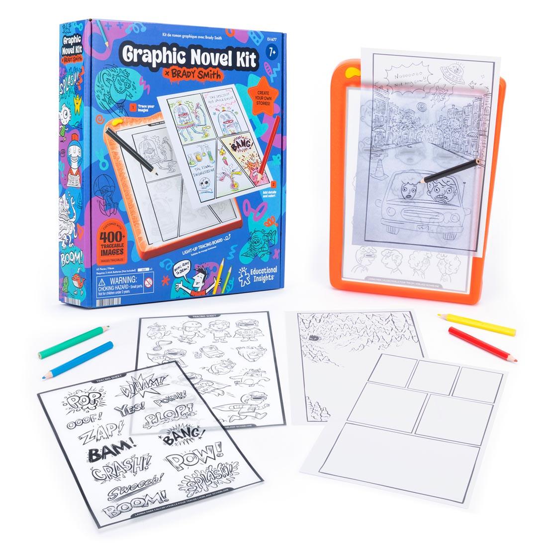 box, components and example drawings from Graphic Novel Kit With Brady Smith By Educational Insights
