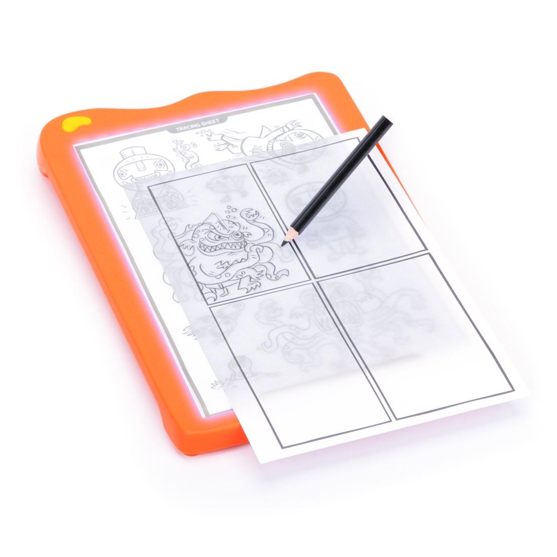 pencil hovering over an example drawing made with Graphic Novel Kit With Brady Smith By Educational Insights