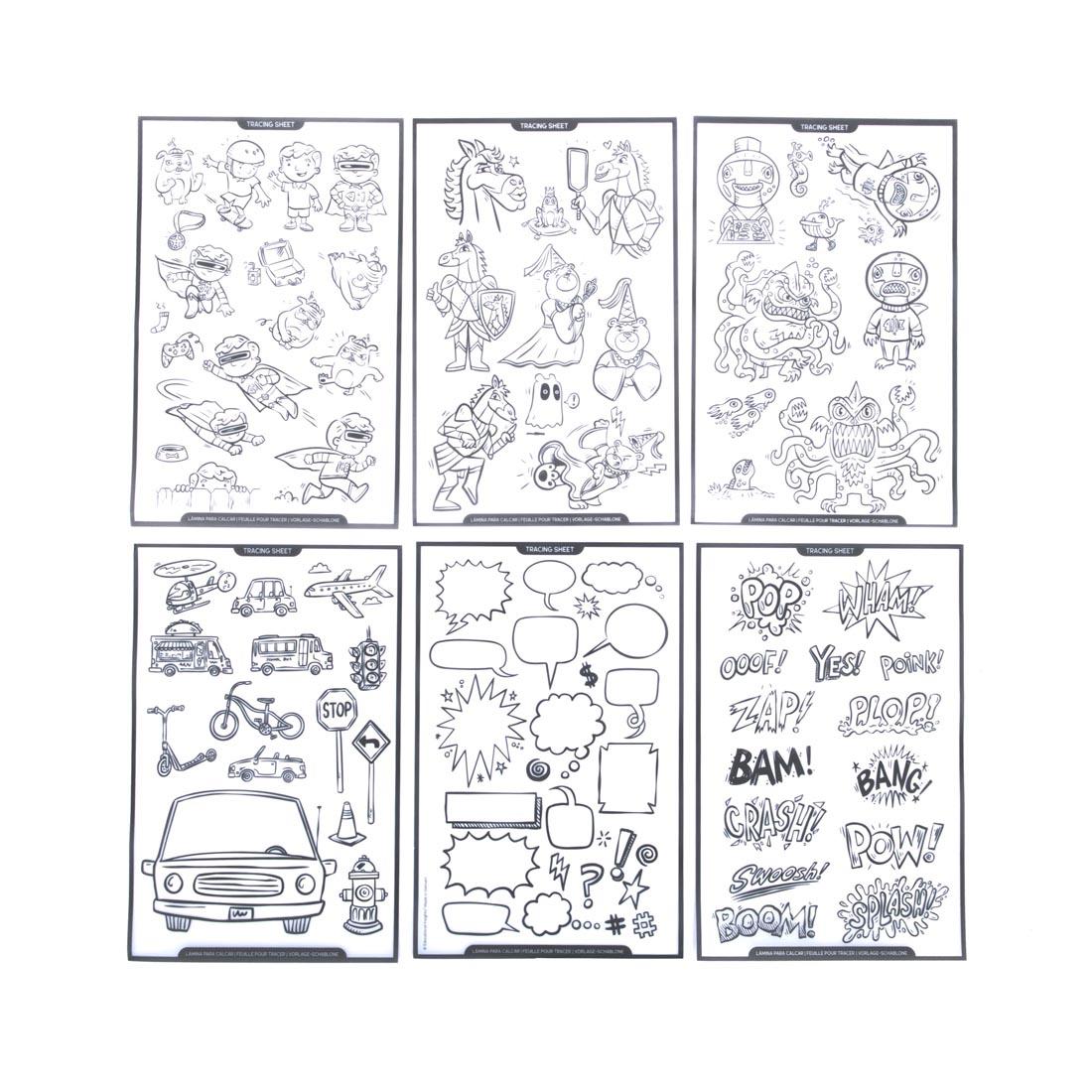 6 sheets of designs from the Graphic Novel Kit With Brady Smith By Educational Insights
