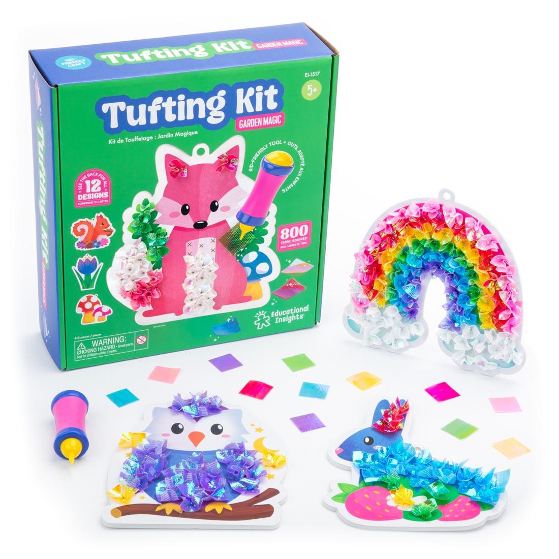 package for plus fabric pieces and example finished projects from Garden Magic Tufting Kit By Educational Insights