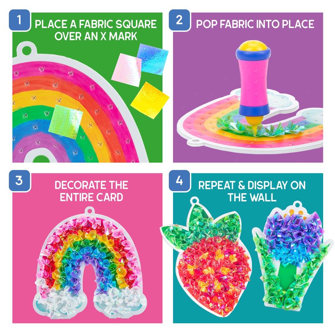 Steps for Garden Magic Tufting Kit By Educational Insights; 1 place a fabric square over an x mark; 2 pop fabric into place; 3 decorate the entire card; 4 repeat and display on the wall