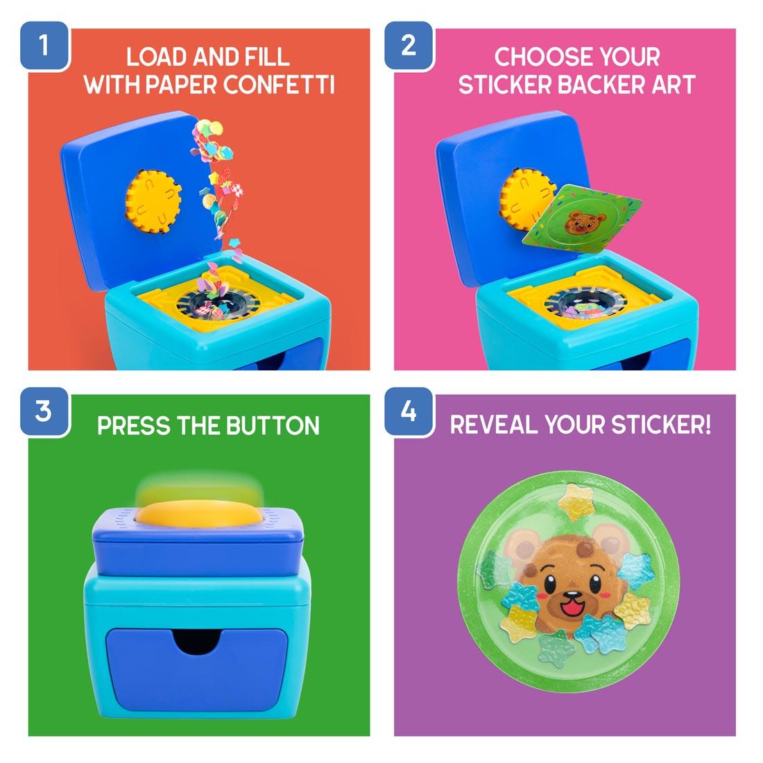 steps for the 3D Sticker Maker Kit By Educational Insights - 1 Load and fill with paper confetti; 2 Choose your sticker backer art; 3 Press the button; 4 Reveal your sticker!