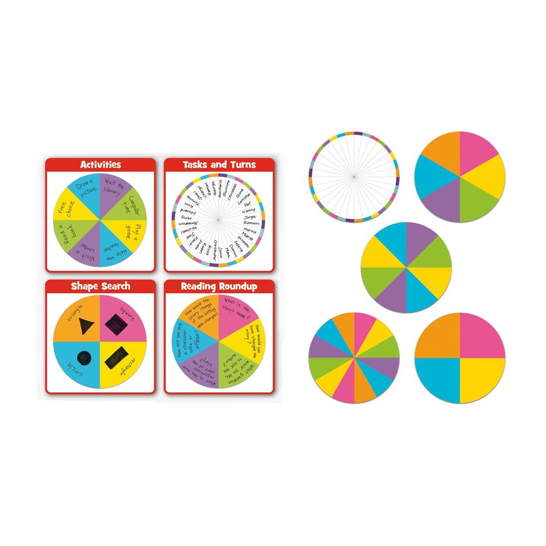 set of large game spinners attached to whiteboard