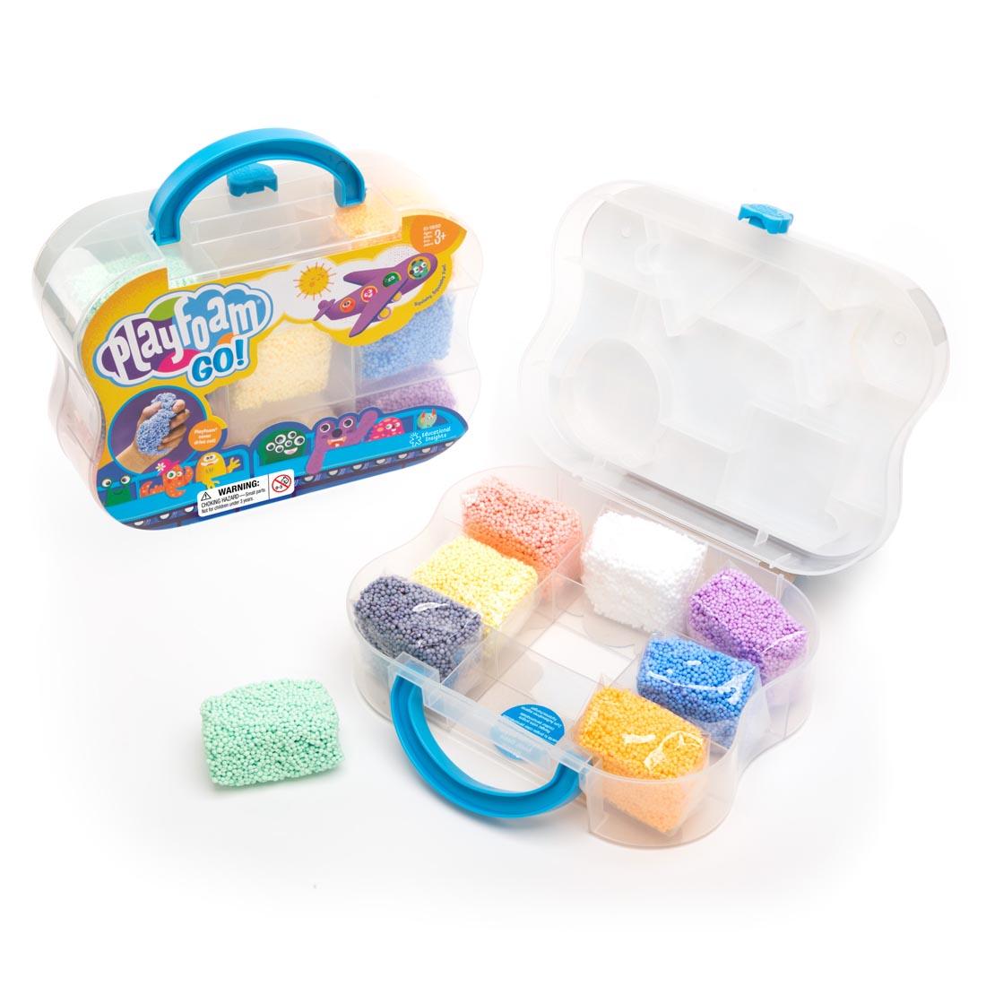 Package of Playfoam Go! Modeling Material Set by Educational Insights, shown closed and with lid open, with one color outside the package