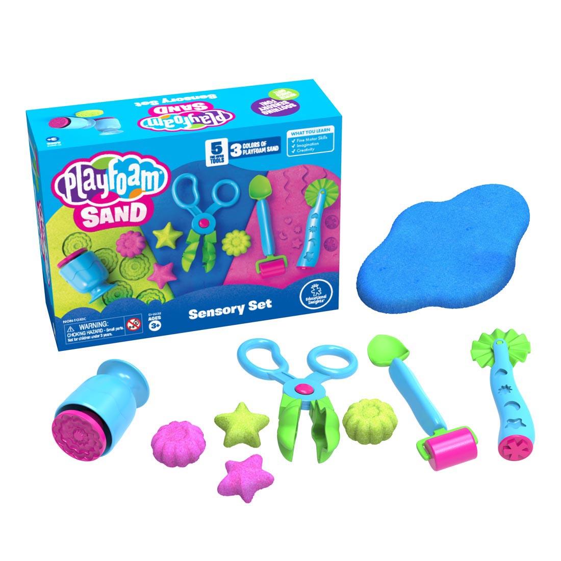 Playfoam Sand Sensory Set By Educational Insights with tools shown outside box