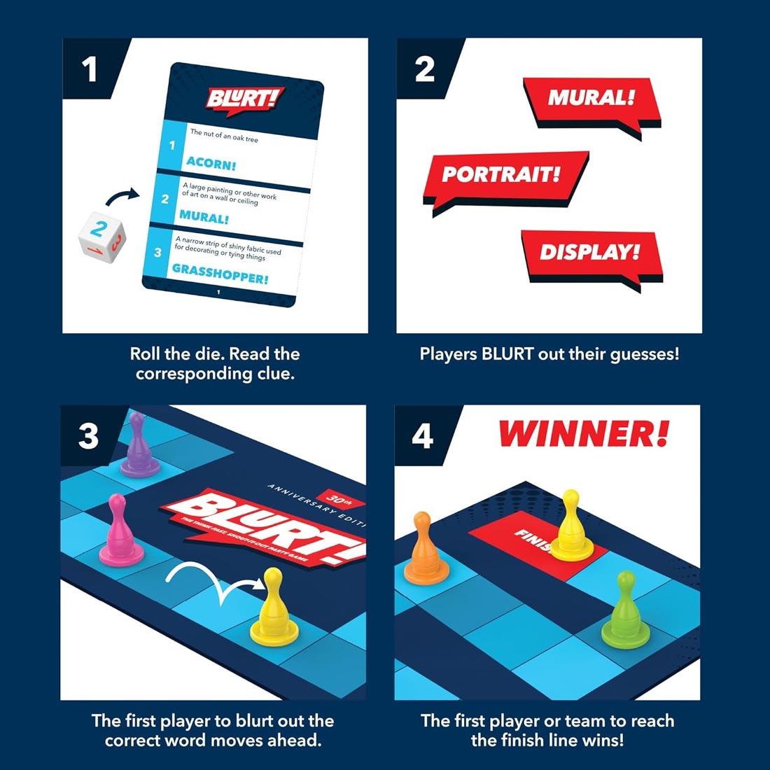 4 pictures with words describing how to play Blurt! game