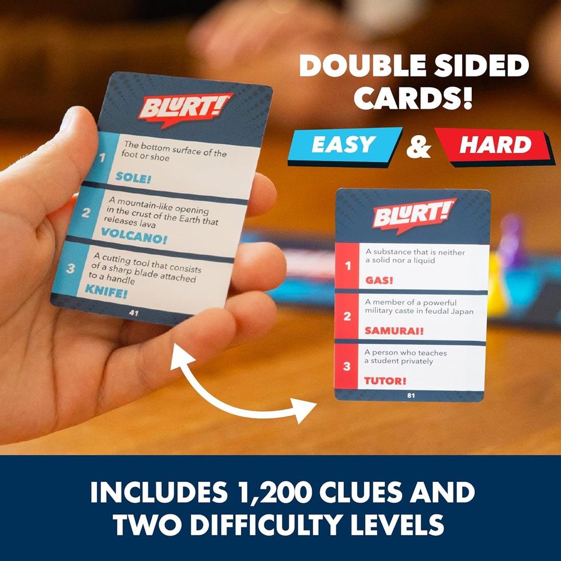 One double-sided card from the Blurt! game, showing easy and hard sides, plus words: Includes 1,200 clues and two difficulty levels