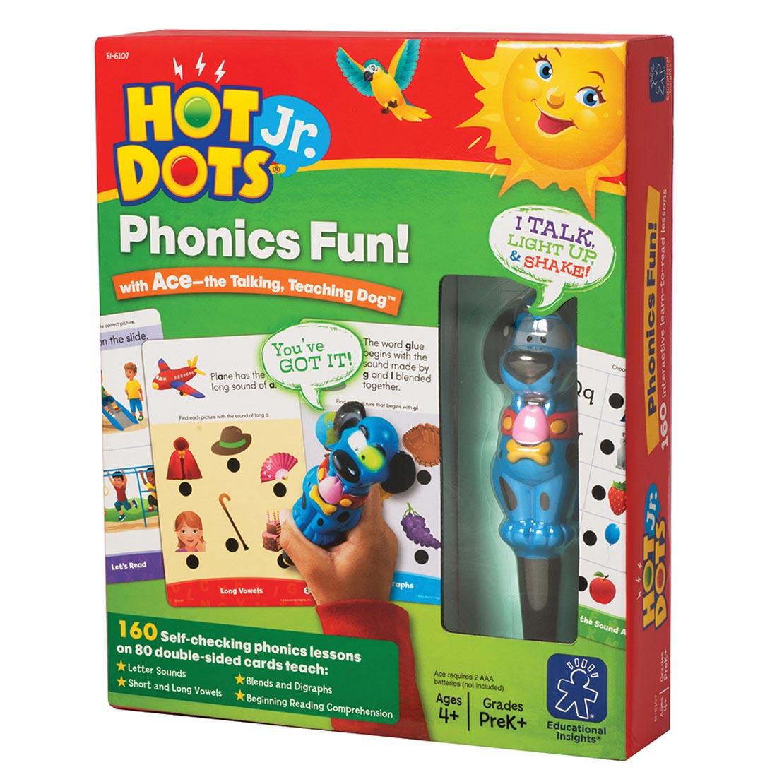 Hot Dots Jr phonics flashcard set with a blue dog-shaped hot dots pen